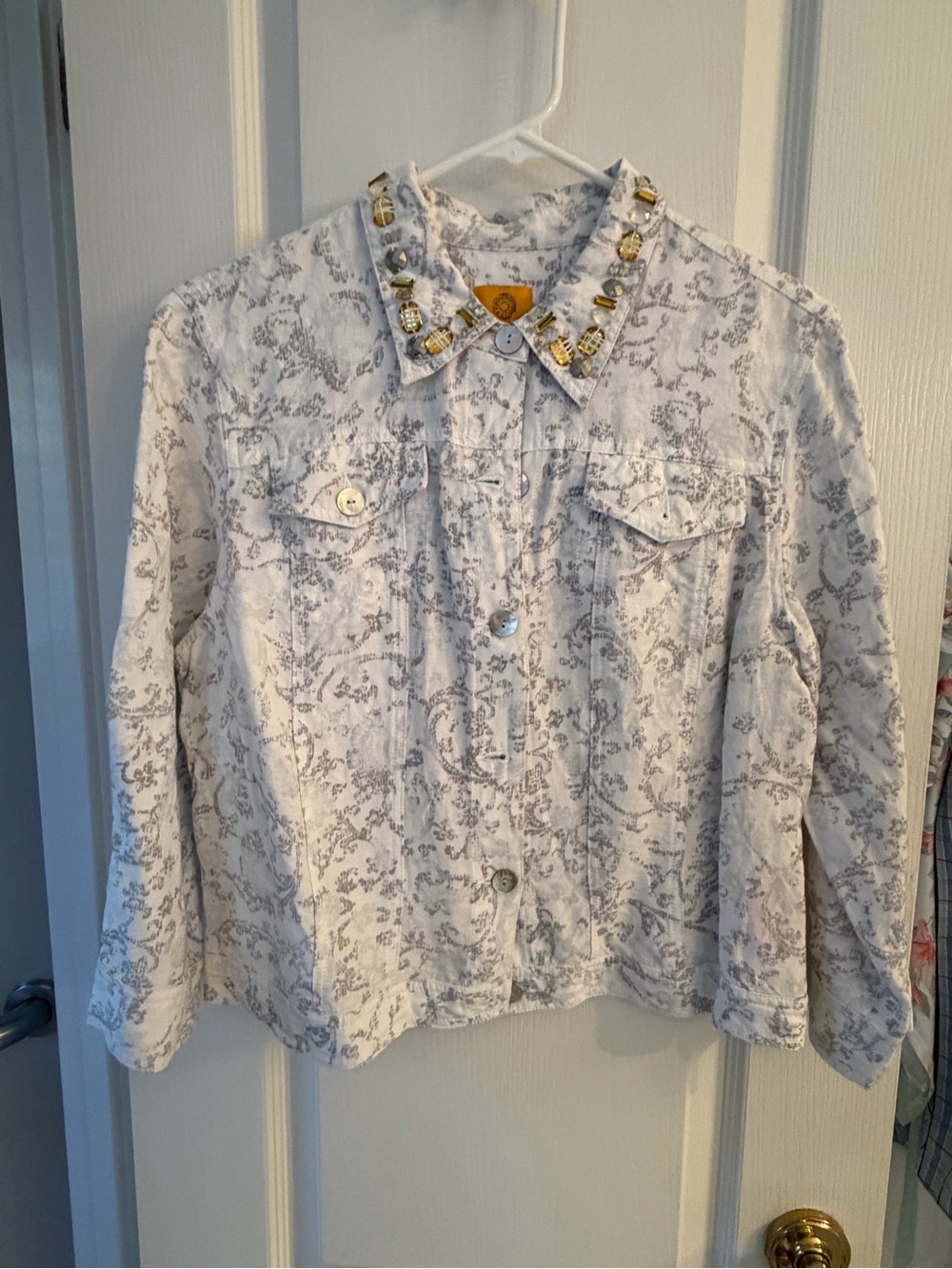 Ruby Rd. Jeweled Collar Floral Print Jean Jacket - White & Gray